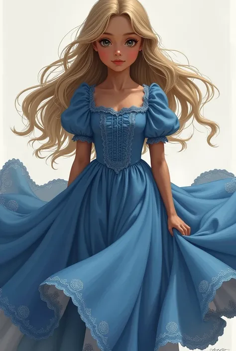  creates the image of a  girl in a blue bell-shaped dress. long hair and dark blond , black complexion and light eyes, with Western features 