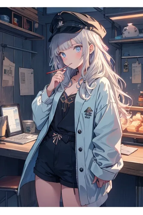 frome below:1.1,a 16yo girl smoking while wearing a bathrobe among other decorative items, 1girl,small breasts, long hair, cleavage, silver hair,open mouse, looking at viewer, hat, bird, chopsticks, long shorts, shirt, solo, food, pink blue eyes, beautiful...