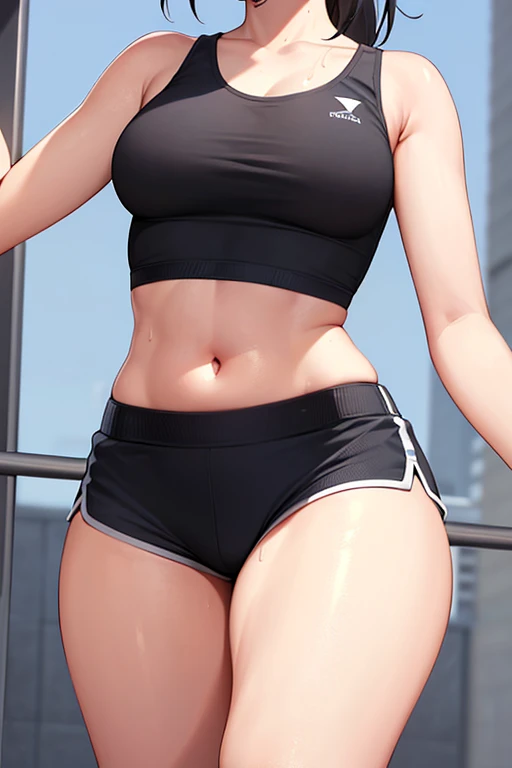  girl 、( above the knee)、( Angle from Below )、 ponytail、(( sports bra))、((sport shorts for women))、 squats peeking out from below、Showing armpits、Belly button、 thighs、 Sweating、