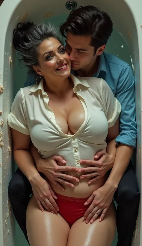  , an old woman  wearing white button shirt and red underwear , massive tits, curvy thick , black and gray hair bun mix , blue eyes , a very beautiful and sexy 55 year old woman ,sitting on lap of 20 year old handsome boy whos wearing sky blue button shirt...