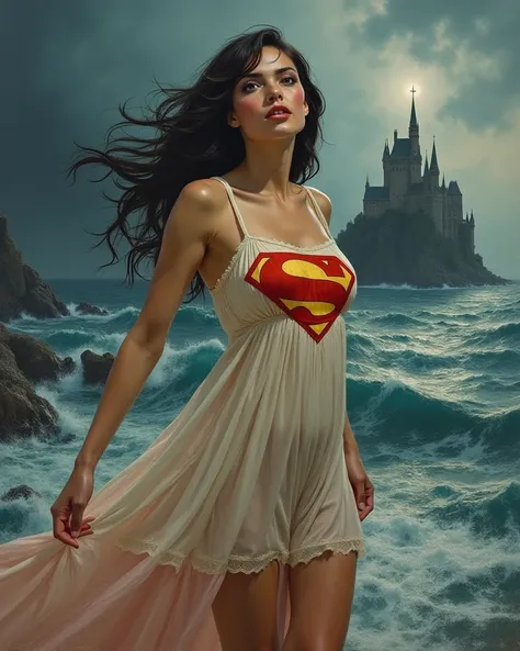 Beautiful 1960s oil painted romance novel cover art, desperate dark hair female stormy castle by the sea love goddess wearing a flimsy flowing superman logo nightgown