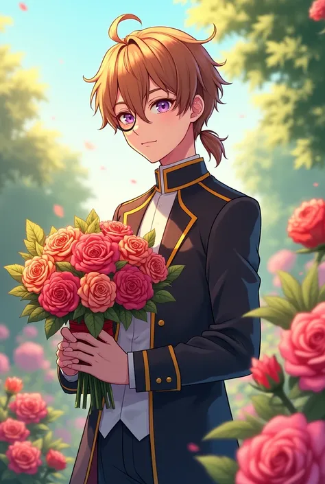  animated illustration 、solo,  one young man 、 bright brown hair 、 purple eyes、lowered ponytail、 monocle、Rose Garden 、Holding a bouquet of roses、Deacon&#39;s uniform