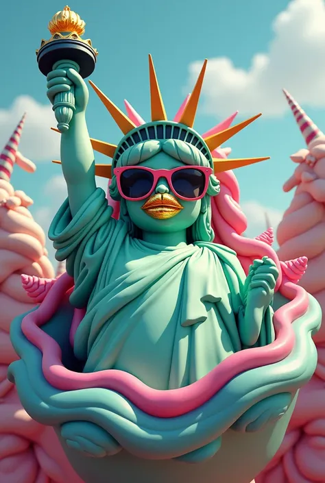 The Statue of Liberty with glasses and gold teeth lying inside a cartoon unicorn float 