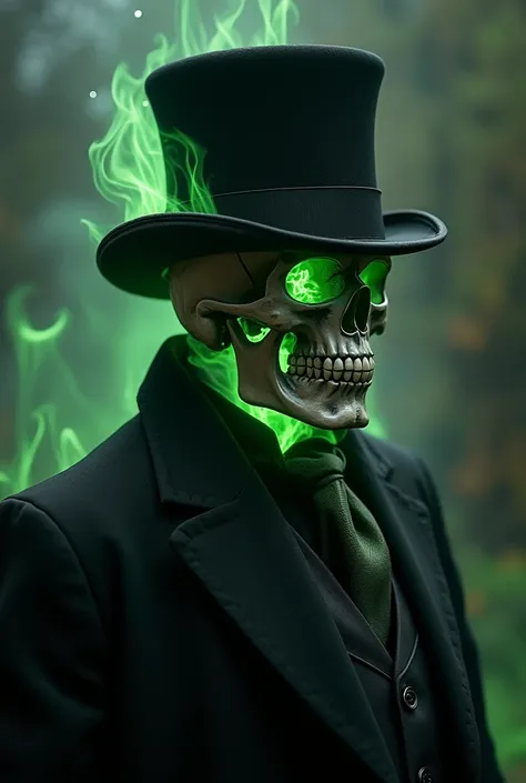 
Skull with a top hat covering his face, eyes glowing in green flames, elegant suit