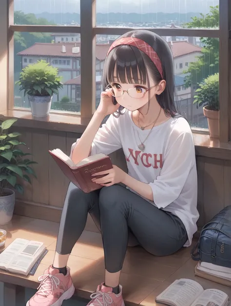 character design, girl,  Black tight pants , wearing sneakers, bra, necklace around the neck, long spiked hair ,  wearing a headband,  holding a book ,  herself wearing glasses,  sitting in the bedroom , studying,  looking out the window , It&#39;s raining...