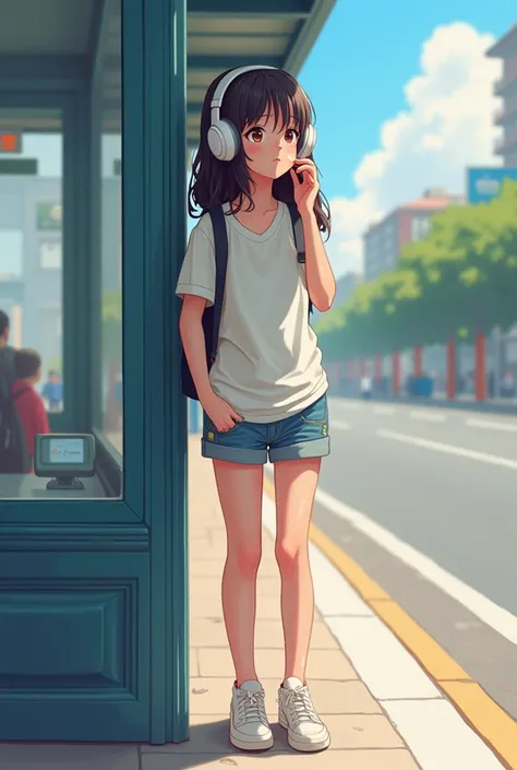  A face covering fit 20 year old girl, body height ,Wear small and cute ,short shorts, Large white headphones with head , waiting in bus station ( Daily life Real painting wind , not cartoon ) HD, real size ratio of human body .Normal extremities,Normal fa...