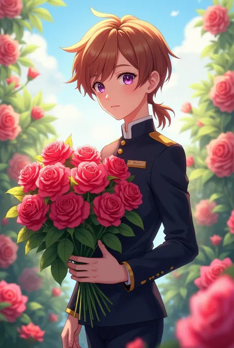  animated illustration 、solo,  one young man 、 bright brown hair 、 purple eyes、lowered ponytail、 monocle、Rose Garden 、Holding a bouquet of roses、Deacon&#39;s uniform