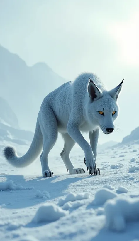 A predatory hybrid creature stalking through a frozen tundra in hyper-realistic 3D. It has the powerful legs of a kangaroo, the upper body of a lynx, and a tail ending in a serrated bone club. Its icy breath is visible in the frigid air, and its claws leav...