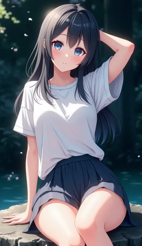 anime girl with blue eyes sitting on a rock, anime girl, attractive anime girl, seductive anime girl, an anime girl, young anime girl, (anime girl), beautiful anime high school girl, beautiful anime girl, cute anime girl, anime visual of a cute girl, anime...