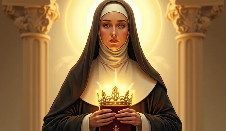 A detailed digital illustration of Saint Hedwig in a 16:9 format. She is depicted in a nuns habit, holding a radiant crown in her hands with a Bible beneath it. The Bible is positioned securely as she supports both objects with grace and reverence. The bac...