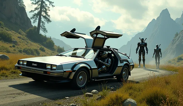 orta dünya atmosferi, arazi üzerinde geleceğe dönüs arabası dmc delorean  , icinde robocop ve terminatör 