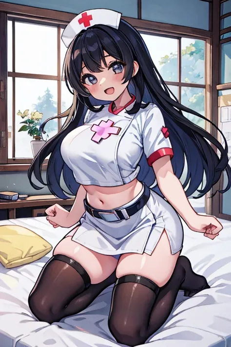 1 girl, japanese woman, baby face, shiny skin, best quality, masterpiece, ultra high res, cute, looking at viewer, nurse, crop top, navel, midriff, chest pocket, short sleeves, pencil skirt, belt, nurse cap, thighhighs, gigantic breasts, long hair, kneelin...