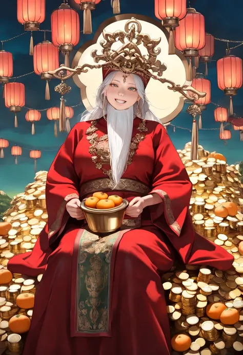 masterpiece,best quality,(god of wealth,caishen),(chubby happy Chinese woman with a big grin and white beard),(sitting on a pile of gold coins),(wearing red robe with gold trimmings and matching hat),(holding two golden cups),(orange peaches hanging around...