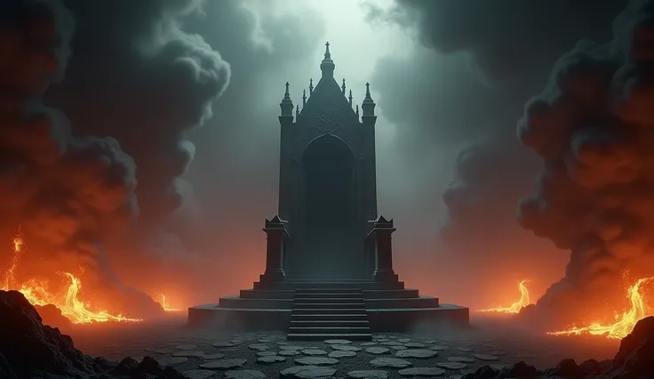 The Hell with a big empty Throne in the middle of the Picture, smoke and fire everywhere, darkness, 8K Ultra realistic Picture, lava on the floor.