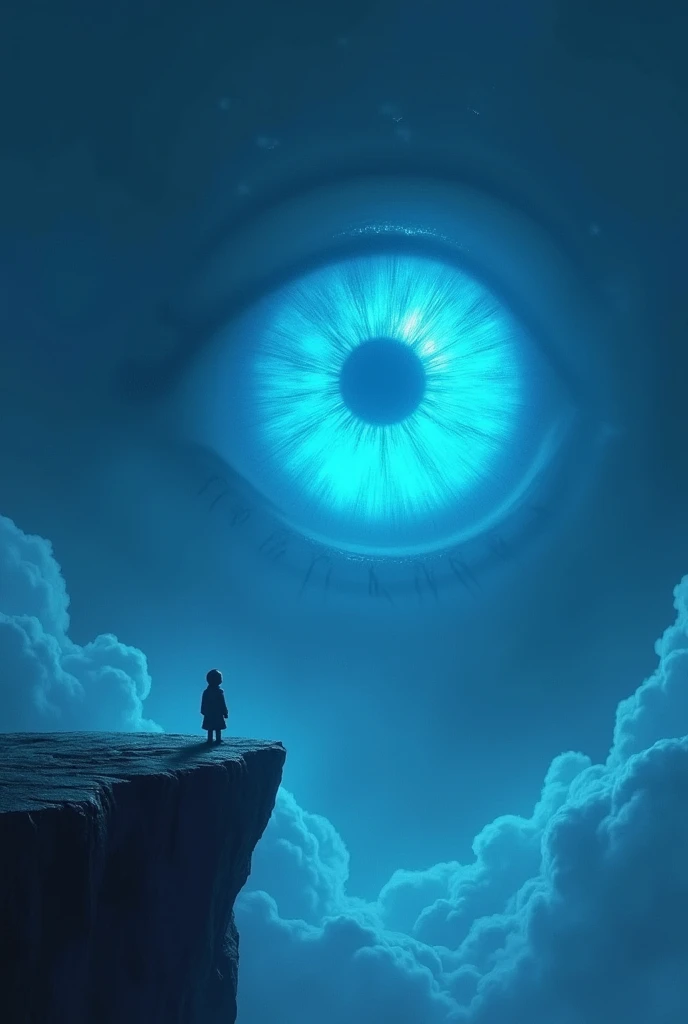  This picture depicts a mysterious and intriguing scene .  in Introduction, we see a small human figure standing on the edge of a raised platform. It seems to be staring at something far away. .  In the background, a giant blue eye appears that glows brigh...