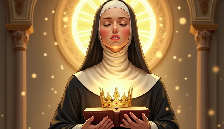 A detailed digital illustration of Saint Hedwig in a 16:9 format. She is depicted in a nuns habit, holding a radiant crown in her hands with a Bible beneath it. The Bible is positioned securely as she supports both objects with grace and reverence. The bac...