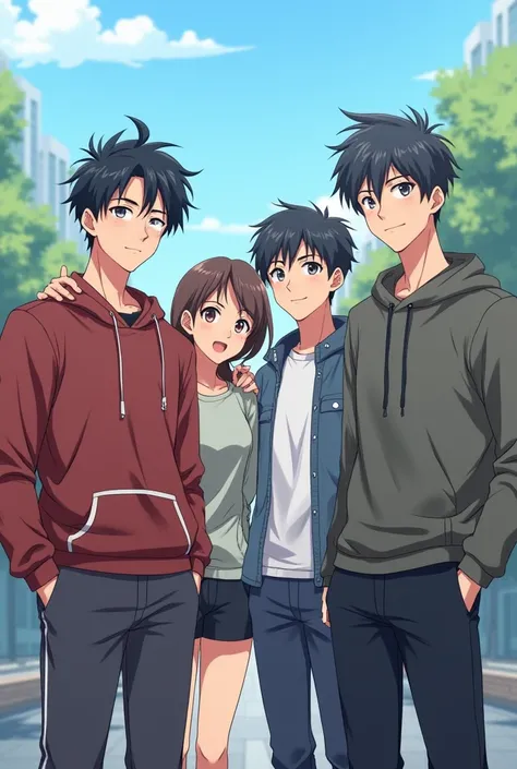 There are 4 young Asian boys, anime style they are all students university, They are taking pictures together, and there is no girl. The first boy has a tall and muscle body, he is and quiet appearance, the second boy is his boyfriend, he is lively, happy ...