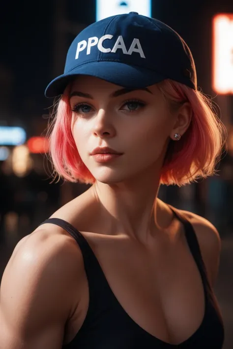 Young woman, Russian, Colored hair, muscular, earring, make-up,  skin imperfections,  short hair, cap, neon light background , low light,  Depth of field, highly detailed,  high contrast ,  film grain,  edge lighting , long exposure,  single-lens digital S...