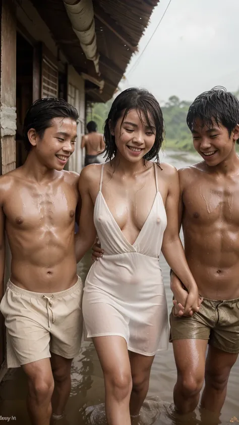 1girl,4boys,cute petite asian girl and 4 boys holding hands together at rural indonesian river,medium hair. wear low cut dress,very erotic atmosphere, happy and laughing, best quality, soft detailed, raining, wet, soaked, nipple slip,