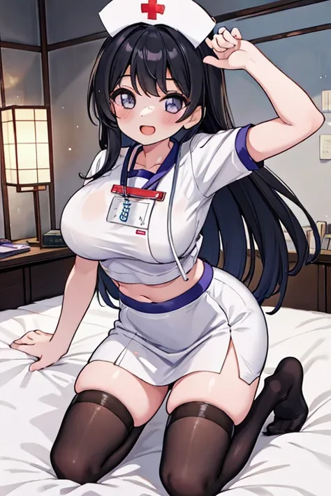 1 girl, japanese woman, baby face, shiny skin, best quality, masterpiece, ultra high res, cute, looking at viewer, nurse, crop top, navel, midriff, name tag, short sleeves, pencil skirt, nurse cap, thighhighs, gigantic breasts, long hair, kneeling, smile, ...