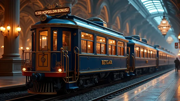 A side-view of a luxurious, antique-style flatbed train wagon attached to a train. On top of the wagon, an elegant vintage-style signboard is displayed, designed to appear realistic and highly detailed under cinematic lighting. The wagon is painted in deep...