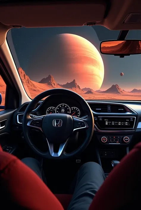 I am inside a honda brio car in space,first person point of view  as i look at the view of planet mars outside the windshield a big planet mars, 