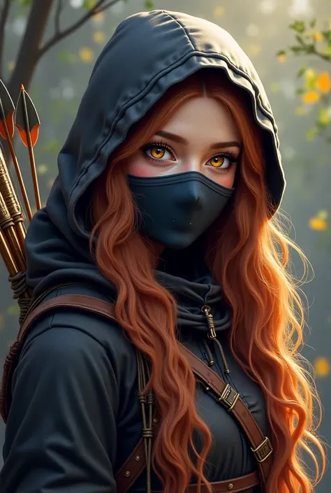 Make me a picture of a cute and stunning Archer who is very skilled and has never missed an arrow, she has long hair and beautiful eyes, but she wears a hood and a mask covering only her hair and mouth except her beautiful eyes