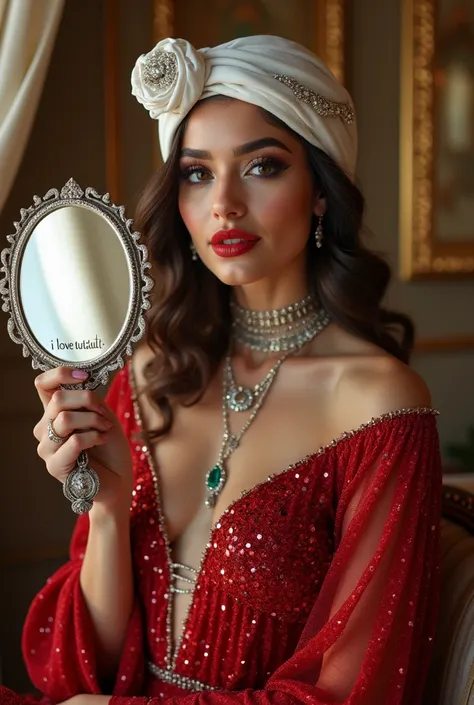 𝙉𝙚𝙬 𝙃𝙖𝙣𝙞𝙮𝙖 𝙥𝙧𝙤𝙢𝙥𝙩:

A beautiful Italian sexiest beautiful girl sitting on the sofa,She is wearing a sexiest noel red sequin and shiny dress white dupatta on head,with a sleeves,holding a mirror silver text "I love Tutatut",and the looking at the camera red...