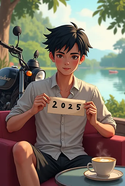  A handsome black-haired Indonesian youth with bright white skin wearing a shirt and shorts.  holding paper inscribed  "2025"
 Behind there is a motorcycle . There is a lake .
sitting on the couch,  on the table there is a cup of coffee .
 Latarbakar Cafe 