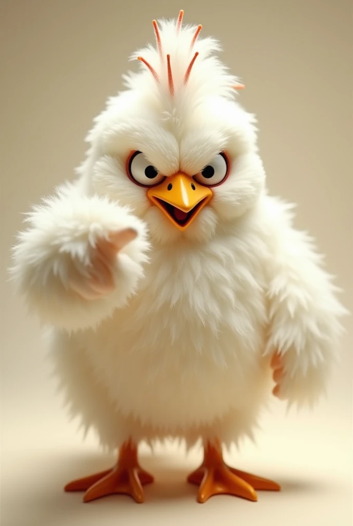 an angry chicken shape chicken floss pointing to the front, the body made of fluffy chicken floss, photo realistic, DSLR, Ultra-fine details, 16k photo