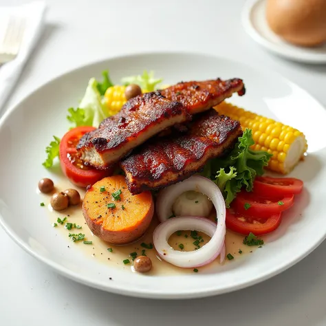  BACKGROUND FOR NEW YEAR A WHITE PLATE WITH A DESSERT AND A POTATO INSIDE, A SWEET POTATO ,  A CORN ,  SALAD TOMATO LETTUCE ONION ,  ON TOP OF EVERYTHING A PIECE OF PORK RIBS WITH A CRUNCHY CUT  