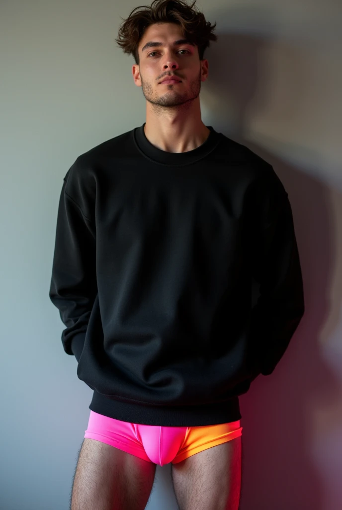 black sweatshirt Mock-up . gay man wearing a blank black sweatshirt and colorful underwear. his back against the wall