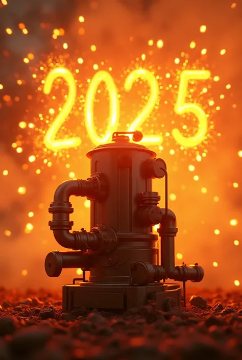 text "Happy 2025 !!" with a machine and pipes ,  Fireworks ,  surrounded all in warm colors, oranges...