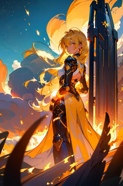 1girl, Solo, High Resolution, Long Hair, Yellow Hair, Orange Eyes, Parted Lips, Body Armor, From Below, Halo, Shield, Fire Energy Effect, Orange Energy, Greatsword On Back, From Below, Backlighting, Sunset, Best Quality, Bangs, Ribbon, Hair Between Eyes, J...