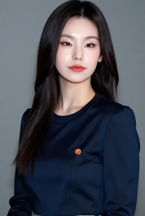 A young Asian woman, 20s, with long straight black hair, a neutral complexion, and a confident expression. She wears a deep navy blue, satin long-sleeved, V-neck top. The fabric appears smooth and luxurious. The top has a subtle sheen, and a small, reddish...