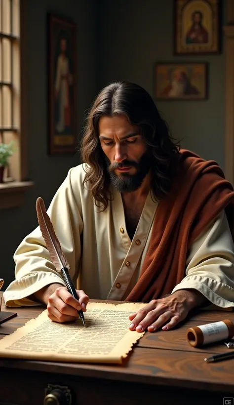 Jesus writing a letter with a pen