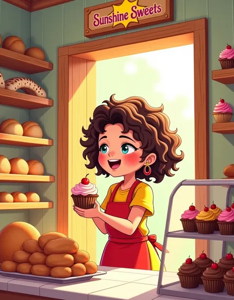 A cozy bakery with a sign that reads "Sunshine Sweets" hangs above a wooden door. Inside, shelves are lined with freshly baked bread, cookies, and colorful cupcakes. Main character Mia, a young girl with curly hair, wearing a yellow dress with a red apron,...