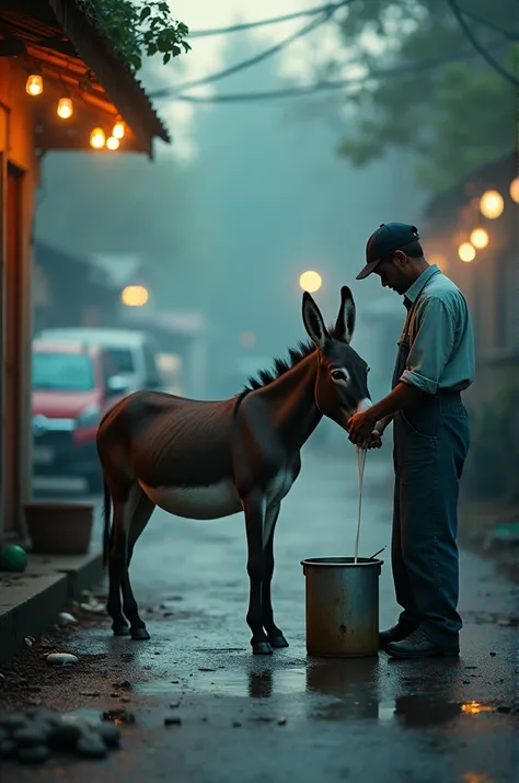 "Create an image of a donkey milk farm, where a donkey is being milked with the milk visibly flowing into a container. In the background, show a mix of blurred trees and parked vehicles, creating an urban yet calm atmosphere. The scene should have a cool c...