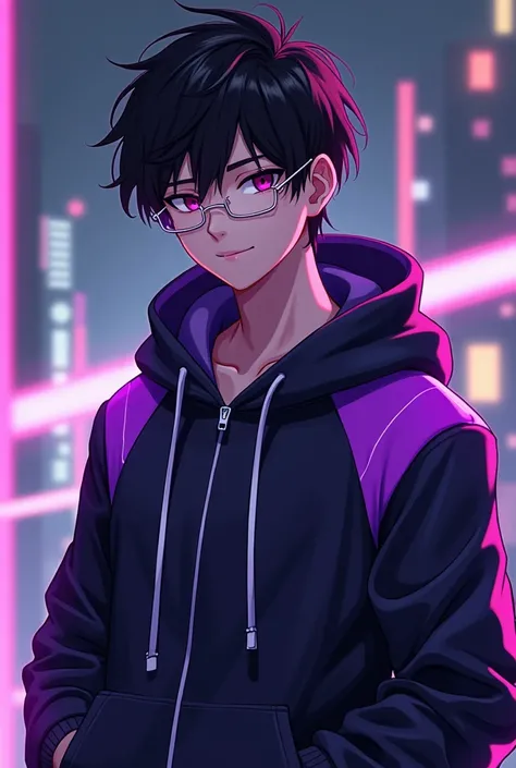 2d anime boy looks futuristic purple and black themed hoodie with glasses 