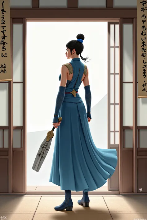  Create an illustration of the character from Mortal Kombat , Kitana in feudal Japan style ,  in guard position ,  in the background of a tatami inside a Japanese building.