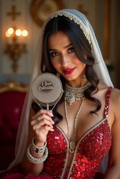 𝙉𝙚𝙬 𝙃𝙖𝙣𝙞𝙮𝙖 𝙥𝙧𝙤𝙢𝙥𝙩:

A beautiful Italian sexiest beautiful girl sitting on the sofa,She is wearing a sexiest noel red sequin and shiny dress white dupatta on head,with a sleeves,holding a mirror silver text "I love Tutatut",and the looking at the camera red...