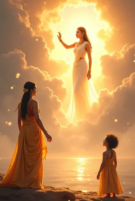 Sita experiences a mystical dream where a divine woman appears amidst clouds and golden light. The woman, dressed in a glowing white sari, points toward a mystical lake far away. Sita, dressed in traditional attire, looks at her with curiosity and reverenc...