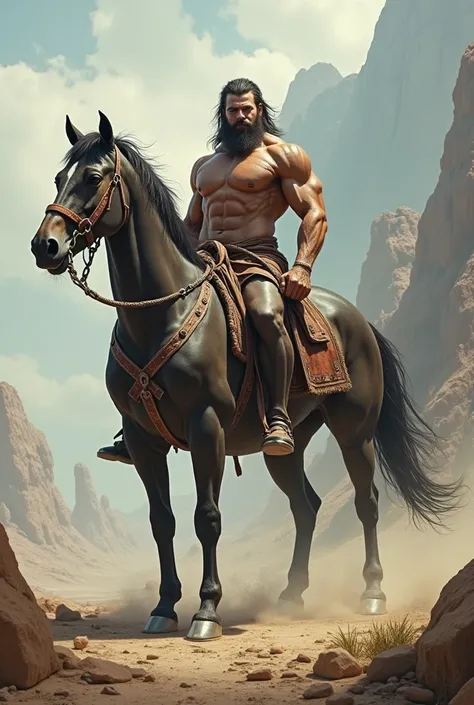 A strong hybrid man with a horse that stands and shows signs of strength 
