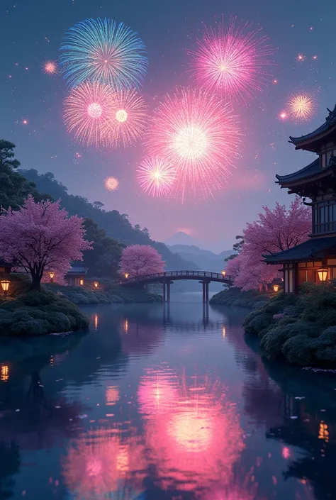 Skies with fireworks over a lake in a Japanese garden  