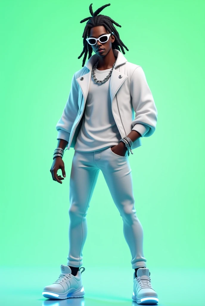 Fortnite, skin, Offset, hair dreadlocks, White sunglasses, Chain silver, Ring silver, White Jacket, White T-Shirt, White Jean, White and Blue Light Shoes, Green Background