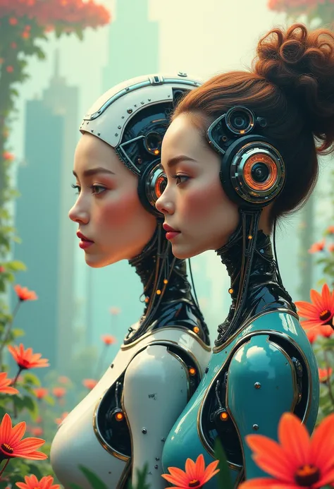 A detailed mixed-media illustration of a robot girl gliding with a supermodel in the Spring 2029 collection, the models head adorned with futuristic tech, symbolizing utopian beauty in a vibrant park with avant-garde sculptures. Themes of beauty and sustai...