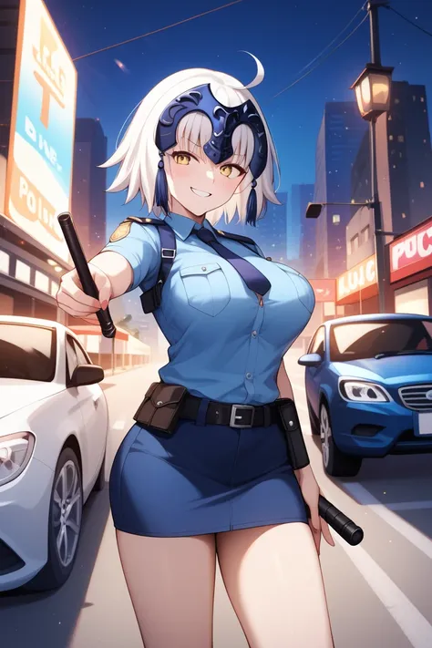 masterpiece,best quality,{{detailed beautiful face and eyes}}, 
Jeanne dArc Alter,{{{megami magazine}}},short hair,white hair,hair between eyes,headpiece,yellow eyes,large breasts,
blue police officer,dark blue miniskirt,
1girl,(is smug:1.0),
 ((standing n...