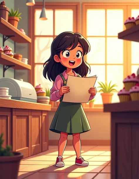 Mia is surprised to find a letter tucked under a cupcake tray. She holds it up, reading with curiosity. Around her, the bakery looks warm and inviting with sunlight streaming through the windows. ren book illustrations, comic art style