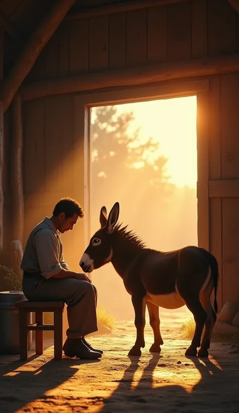 "Inside a rustic wooden barn during sunset, a man is milking a donkey. The barn has an open side, letting golden sunlight stream through, casting a warm glow on the scene. The man, dressed in simple farming clothes, sits on a stool, focused on his task, wh...