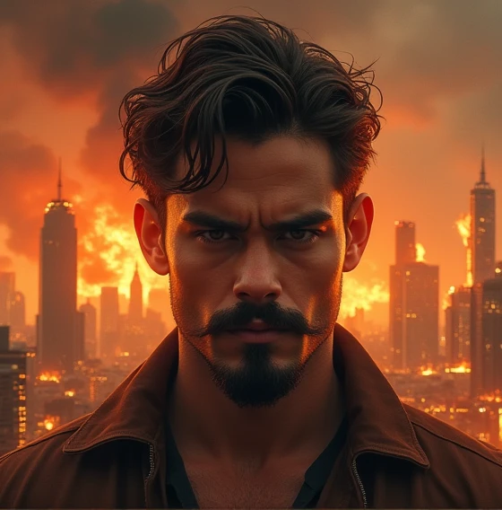 Draw this boy with a mustache and goatee with a fiery city behind it